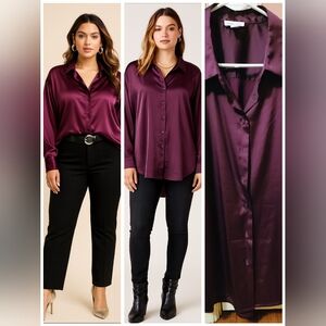 Luxe & Modern Drop‑Shoulder Satin Shirt by Tribal Jeans, Bright Violet – PXL